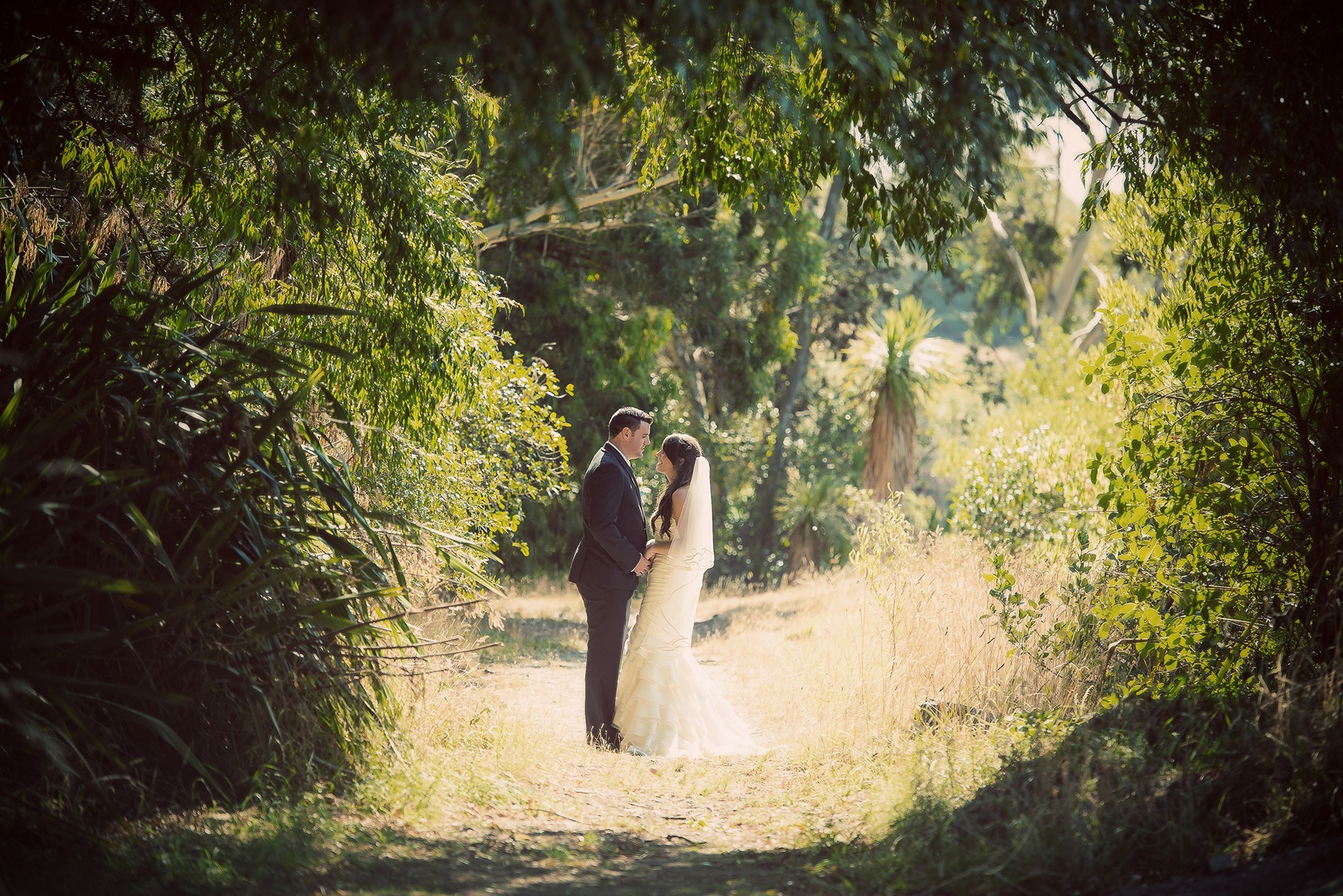Couple in distance embrace - Wedding Photography by Tracey Allsopp